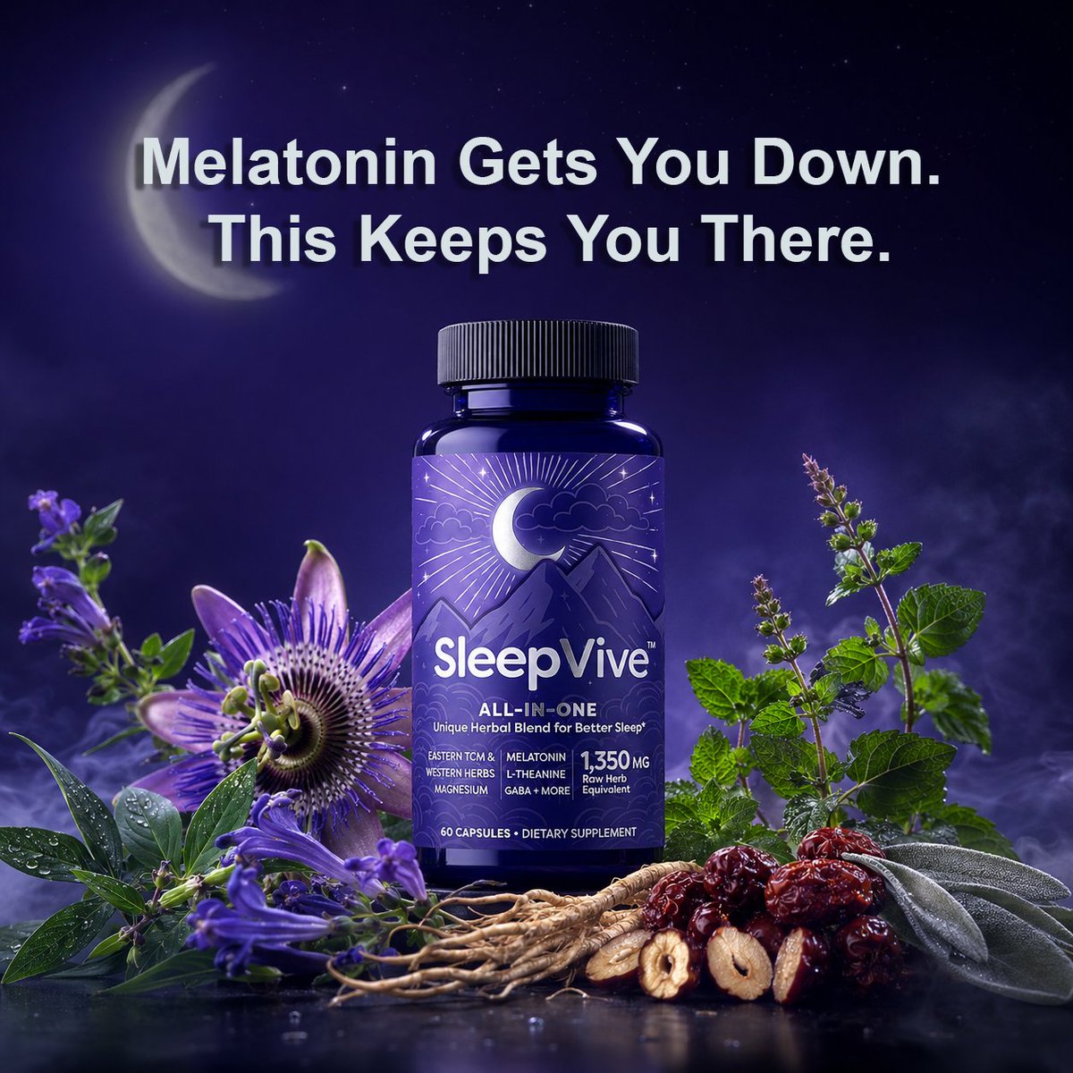 DiamondCloudsLC's tweet photo. 🥴 Melatonin is great at knocking you out. Terrible at keeping you there.

-That is why you are up at 3 am again. ✔️ SleepVive blends centuries-old Chinese herbs like wild jujube and skullcap with modern staples like magnesium and L-theanine to calm the body at the root, so you actually stay asleep and wake up like yourself.

Tests came back normal but your nights still feel broken? Start here.