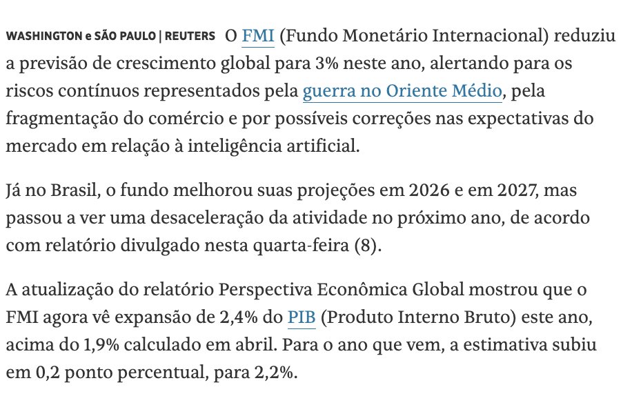 dbelemlopes's tweet photo. Fundo Monetário Internacional revê para cima a projeção de crescimento econômico do Brasil em 2026. A se confirmar, terão sido 10,5% de crescimento do PIB desde o início de Lula III. https://t.co/7tkMQkXD4d