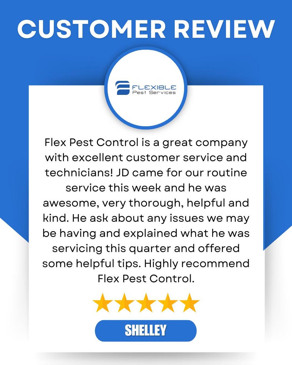 FlexibleService's tweet photo. Reviews like this mean so much! Thank you, Shelley, for trusting Flexible Pest Services with your routine service. We’re glad JD provided thorough care, helpful tips, and the kind of customer service that makes a difference. https://t.co/aRau1cK8yz