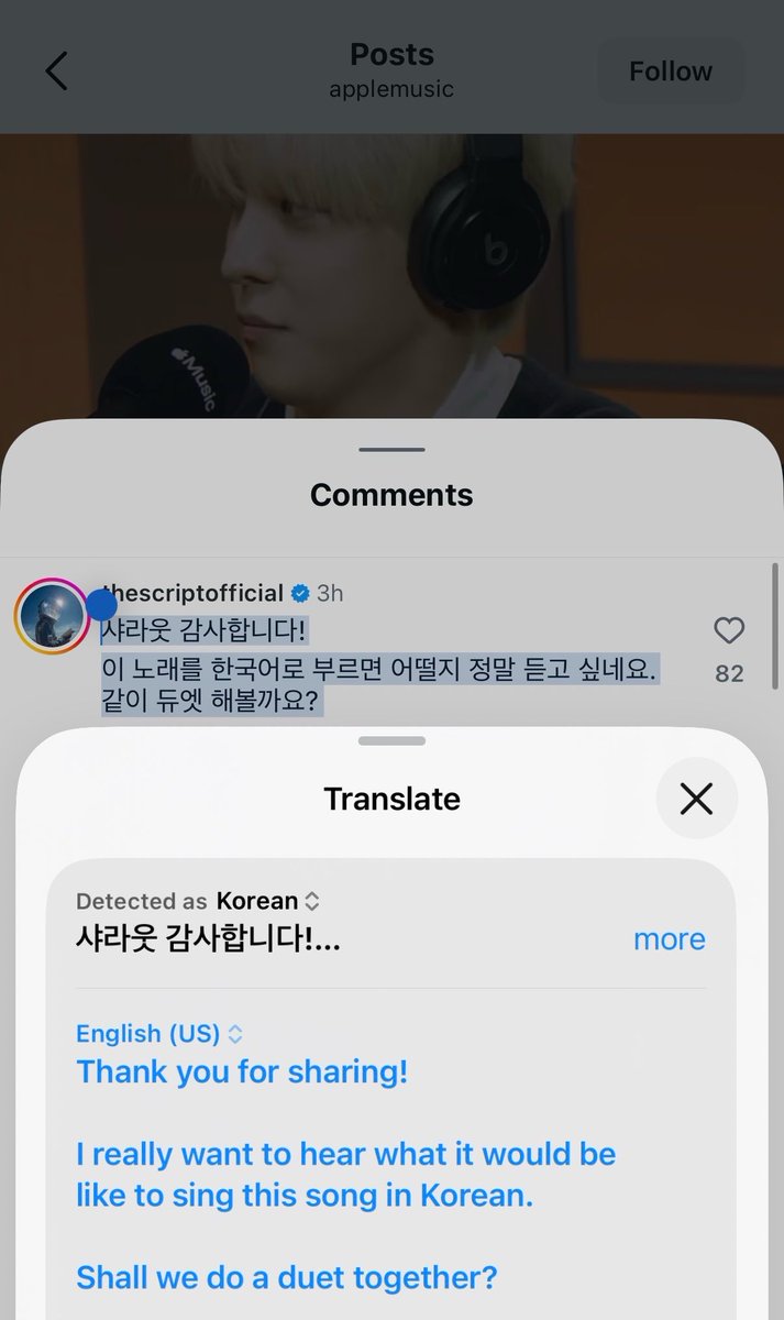 in_finitelove's tweet photo. THE SCRIPT LEFT A COMMENT IN KOREAN (which is so sweet btw) ASKING FOR A DUET WITH YUNHO/ATEEZ IM SCREAMINGGG https://t.co/LBTuEbJN2D