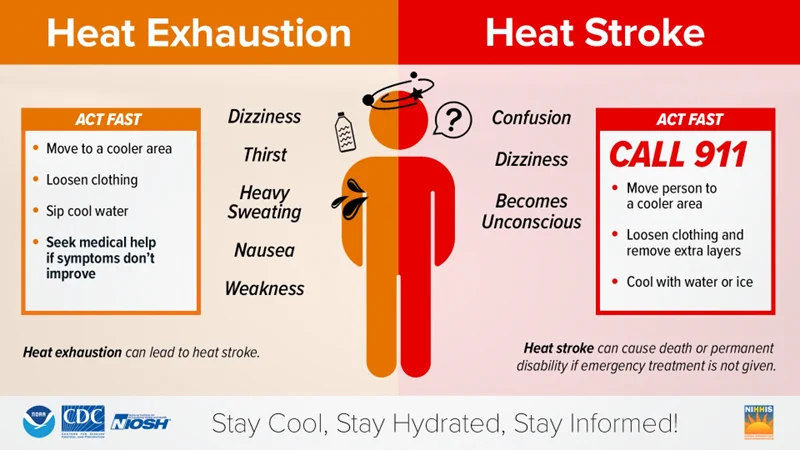 Infographic comparing heat exhaustion and heat stroke symptoms with emergency actions and warnings.