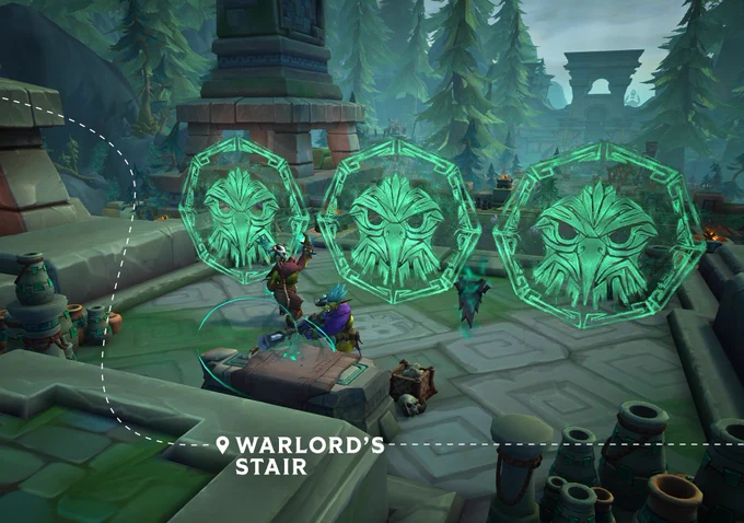 Troll worshippers engaged with jade-colored spiritual emanations as well as magical artifacts in a multi-leveled outdoor space. Caption text reads “WARLORD's STAIRS” with a location pin marker and dashed lines moving left to right.