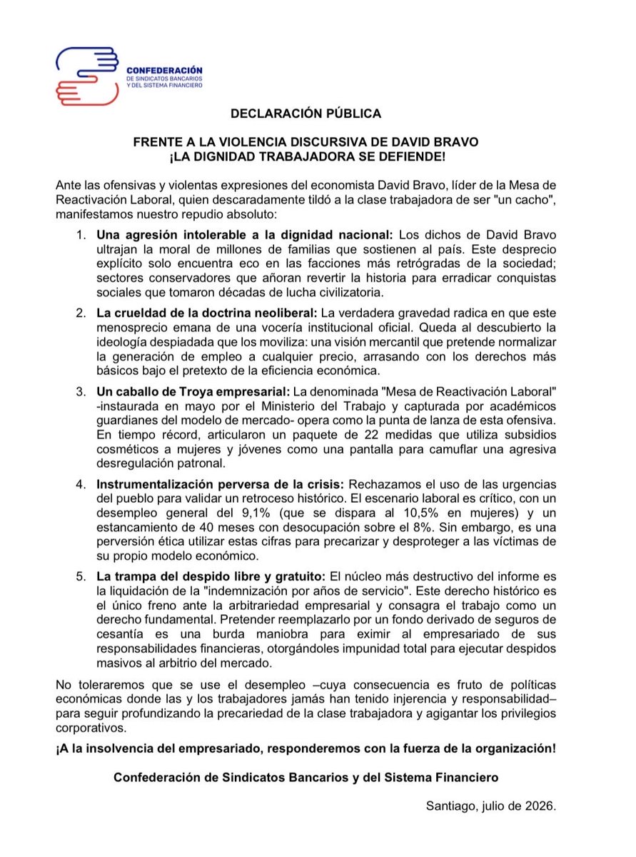 confed_bancaria's tweet photo. ¿Un “cacho”? No. Somos quienes sostenemos este país con nuestro trabajo. 

Rechazamos las declaraciones de David Bravo y las propuestas que, aprovechando la crisis del empleo, buscan debilitar derechos laborales y facilitar el despido.

La dignidad de las y los trabajadores no se negocia.

📄 Lee nuestra declaración pública.

#DerechosLaborales #NoALaPrecarización #Sindicalismo
