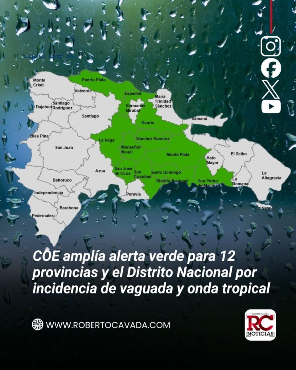 rcavada's tweet photo. El Centro de Operaciones de Emergencias (COE) amplió este miércoles el nivel de alerta verde para 12 provincias y el Distrito Nacional, debido a las lluvias que generarán una vaguada en varios niveles de la troposfera y la aproximación de una onda tropical al territorio nacional.

De acuerdo con el boletín del Instituto Dominicano de Meteorología (INDOMET), estas condiciones favorecerán aguaceros de moderados a fuertes, tormentas eléctricas, ráfagas de viento y posibles granizadas, con mayor incidencia en distintas localidades del país. Además, existe una alta probabilidad de inundaciones urbanas y rurales repentinas, especialmente en zonas vulnerables.

#RCNoticias #RobertoCavada #COE #INDOMET