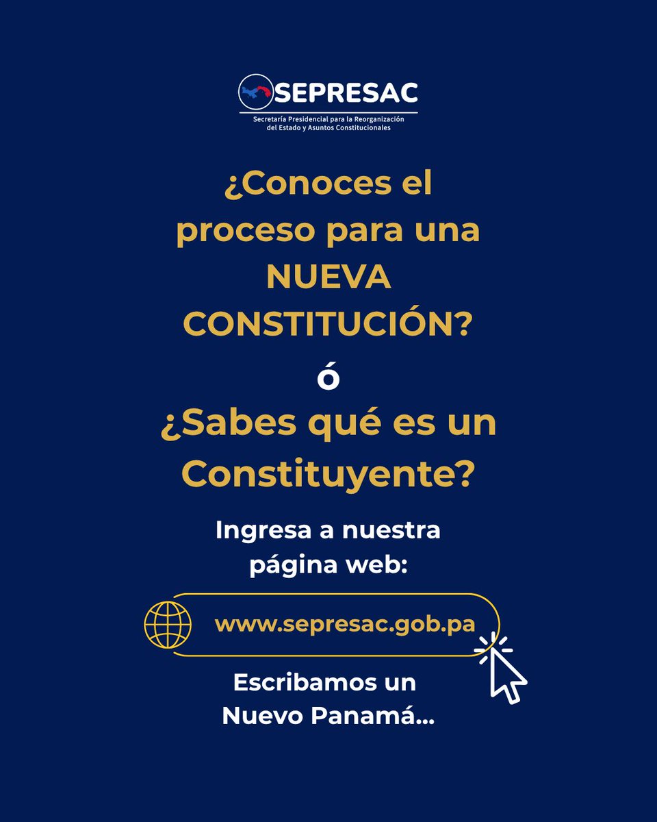 sepresac's tweet photo. El cambio comienza con la participación de todos. 
Súmate al Proceso Constituyente Originario y construyamos juntos una Nueva Constitución que represente el presente y el futuro de nuestro país.

¡Escribamos un Nuevo Panamá! ✍️🇵🇦
https://t.co/KJ5eZdWhLt

#NuevaConstitución #ConstituyenteOriginaria
#SEPRESAC #EscribamosUnNuevoPanamá