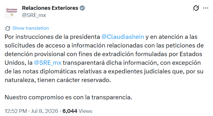 MLopezSanMartin's tweet photo. La @SRE_mx revierte a medias la reserva sobre Rocha Moya e Inzunza

Transparentará información por instrucción de Sheinbaum, pero mantendrá ocultas notas diplomáticas de expedientes judiciales https://t.co/VtGCpNiD9h