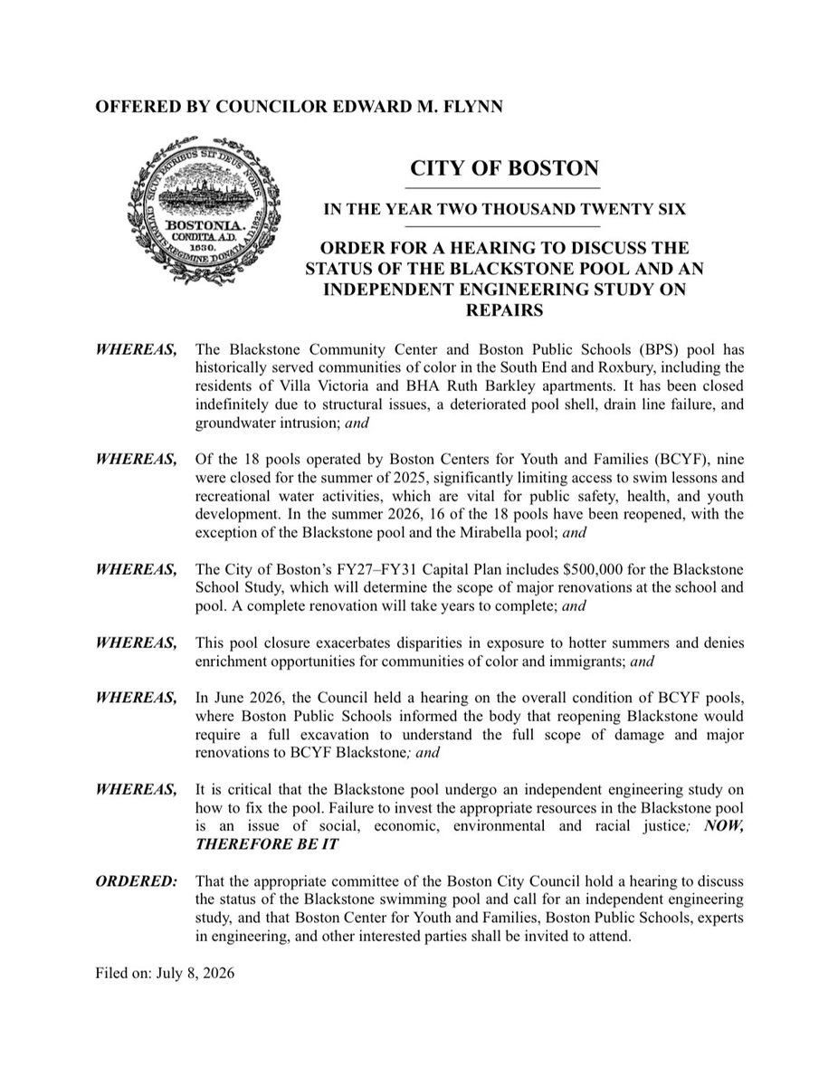 EdforBoston's tweet photo. This week I filed a hearing order for an independent engineering study to help repair &amp; reopen the Blackstone Pool. South End and Roxbury families deserve access to this vital community resource. This is an issue of social, economic, environmental, and racial justice. https://t.co/FFD4R2cpH2