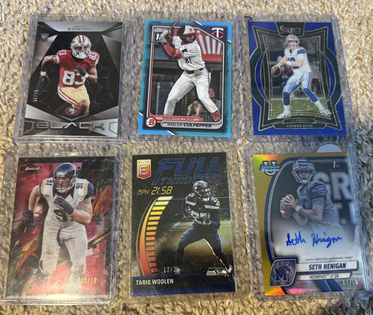 RyanLCards's tweet photo. $6 each or all for $30
Cowing /35, Culpepper /499, Rush /25, Long /10, Woolen /25, Henigan /50
$5 shipping BMWT #RLStacks https://t.co/DgqcqZeWed
