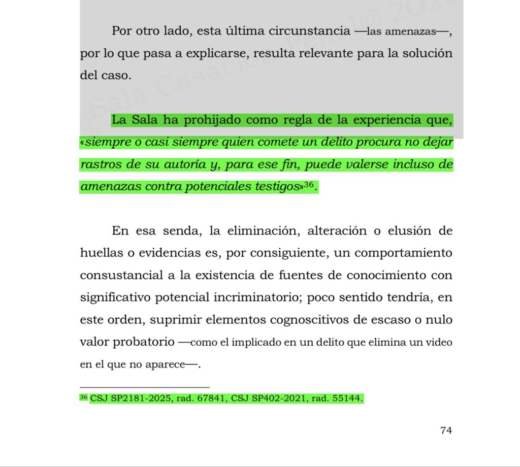 WilliamLond_R's tweet photo. 📌 | 𝐃𝐞𝐫𝐞𝐜𝐡𝐨 𝐏𝐫𝐨𝐛𝐚𝐭𝐨𝐫𝐢𝐨 𝐏𝐞𝐧𝐚𝐥 ⚖️

𝐑𝐄𝐆𝐋𝐀𝐒 𝐃𝐄 𝐋𝐀 𝐄𝐗𝐏𝐄𝐑𝐈𝐄𝐍𝐂𝐈𝐀: Siempre o casi siempre que una persona comete un delito no tiene la intención de dejar rastros, intenta borrar las huellas y, para ese fin, puede valerse de amenazas a los potenciales testigos . 𝐏𝐫𝐨𝐯𝐢𝐝𝐞𝐧𝐜𝐢𝐚 𝐒𝐏𝟏𝟗𝟔-𝟐𝟎𝟐𝟔. 𝐑𝐚𝐝𝐢𝐜𝐚𝐝𝐨  𝟔𝟕.𝟗𝟓𝟒. 𝐏𝐚́𝐠. 𝟕𝟒 ⬇️