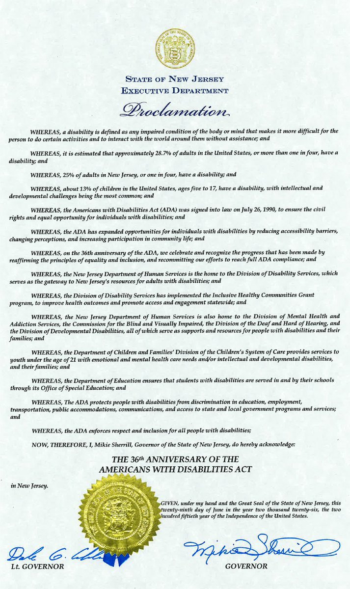 NJDHS's tweet photo. .@GovSherrillNJ recognizes the 36th Anniversary of the #AmericansWithDisabilitiesAct! This law protects friends, family &amp; neighbors w/ disabilities from discrimination. @NJDHS remains committed to upholding the #ADA &amp; creating a state inclusive of ALL ppl. #ADA36 #ThanksToTheADA https://t.co/EeeND9PvHm