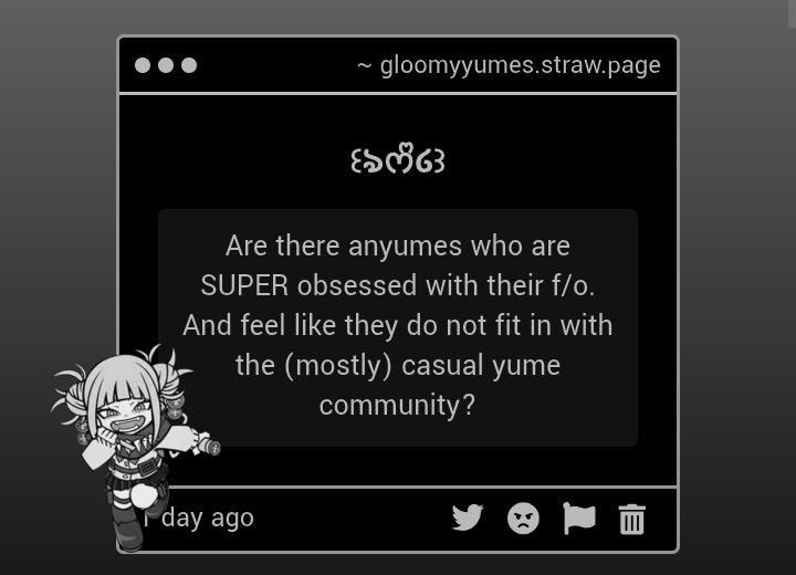 gloomyyumes's tweet photo. ⸺       𝜗💬            anon  asks           𖹭

any  yumes  who  are  SUPER  obsessed  and  dont  feel  like  they  fit  in  between  the  mostly  casual  yume  community? https://t.co/wtCxrHif2c
