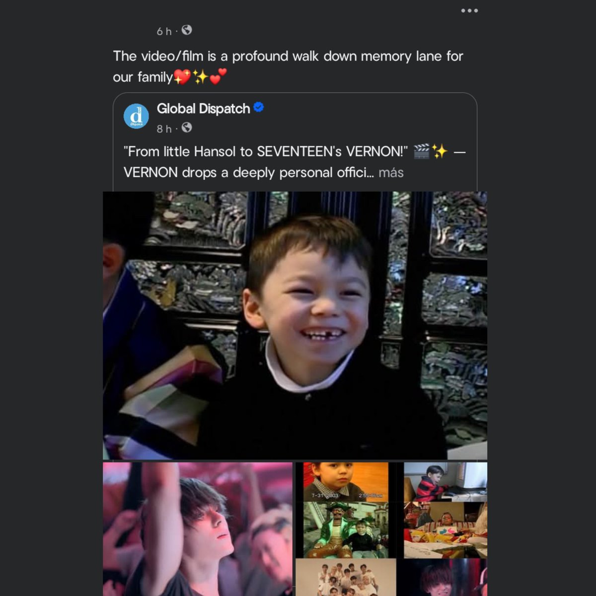 _wjunpimeow_'s tweet photo. Así que Vernon también sorprendió a su familia con el video de su canción en solitario “mia”, el cual fue una hermosa recopilación de varios momentos tiernos de su infancia. 🥹💙

Estas fueron las reacciones de sus papás y de su hermana Sofia al ver el video. Se nota lo especial y emotivo que fue para ellos poder recordar esos momentos y ver cómo aquel pequeño Vernon creció hasta convertirse en la persona que es hoy. Hansol y Vernon de SEVENTEEN. 🥹✨💕

Un detalle muy bonito que nos recuerda el cariño y los recuerdos que hay detrás de cada historia.

Un carat comentó en twitter esto sobre el papá de Vernon:

💎: En mayo, salí con mis amigos de twitter al río Han y después fuimos a comer a White Rabbit (la cafetería del papá de Vernon). Ese día, su papá mencionó que unos días antes su hijo había pasado por ahí y le había pedido que buscara un video con imágenes de cuando era niño, así que lo encontró y se lo dio. Su papá dijo que no sabía para qué lo iba a usar. Todos los que estábamos ahí simplemente dijimos: “Ah, ¿Será para contenido de Caratland?” y al final lo olvidamos por completo… pero hoy salió oficialmente el film de mia… 🥺🤍

Comentarios de Sofia en el reel de Instagram de mia. 🥹❤️
👩: ㅋㅋㅋㅋㅋㅋㅋ
👩: ¿Dónde encontraste todos estos videos? Son demasiado tiernos.
👩: Mamá sigue igual.
👩: Nuestra casa 🥹🥹🥹🥹🥹

Mamá de Vernon:
🎨: El video/film es un profundo viaje por los recuerdos de nuestra familia; un hermoso paseo por el pasado. 💖✨💕

TAN BONITO TODO, QUE HERMOSO. 😭😭😭😭😭✨🤍