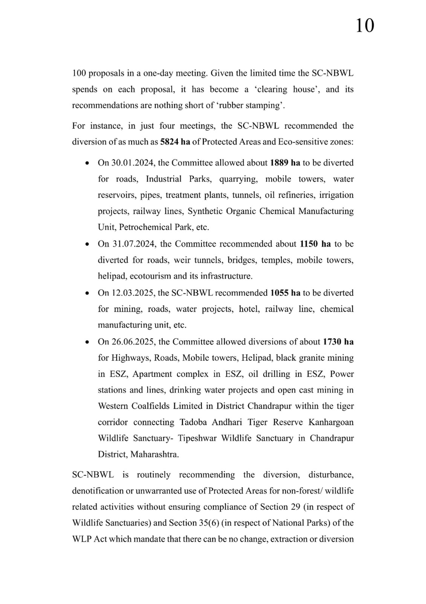 prernabindra's tweet photo. The petition argues that the SC, NBWL rather than b a watchdog & safeguard  India's #endangered #wildlife has become a clearing house for projects in 
#ProtectedAreas including #TigerReserves with an approval rate of over 97% of proposals it considered between 2014 & 2026. It has considered ~100 proposals in a single sitting several times, precluding any scope of due diligence meaningful scrutiny and application of mind. 2/5