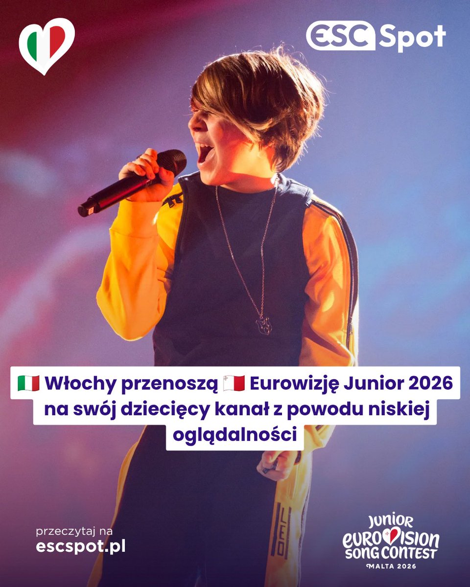 ESCSpot's tweet photo. 🇮🇹 Włochy przenoszą 🇲🇹 Eurowizję Junior 2026 na swój dziecięcy kanał z powodu niskiej oglądalności
O szczegółach przeczytaj poniżej 👇
Zaobserwuj nas po więcej newsów!
#JuniorEurovision #EurowizjaJunior #JESC2026 #EurowizjaJunior2026 #Włochy #Rai #RaiGulp #Italy https://t.co/pj9FUnrm4X