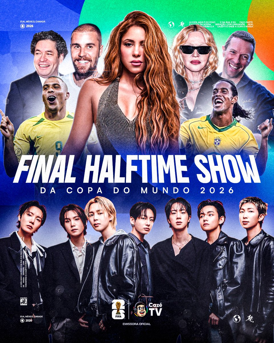 CazeTVOficial's tweet photo. 😍😍😍😍 AS ATRAÇÕES DO INTERVALO DA FINAL DA COPA DO MUNDO FORAM DIVULGADAS: Madonna, Shakira, Burna Boy, BTS, Coldplay, Gustavo Dudamel e Justin Bieber! https://t.co/1IYJE6gVm0