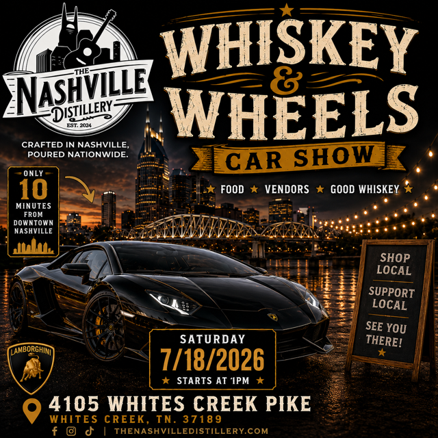NashDistillery's tweet photo. WHISKEY & WHEELS CAR SHOW

🏎️ Exotic Cars • Classics • Muscle Cars • Trucks
🥃 Whiskey • Cocktails • Food • Vendors

Bring your ride or come enjoy some of the finest vehicles in Middle Tennessee while enjoying award-winning spirits, great food, and a fun afternoon at The Nashville Distillery.

Free Admission 📅 Saturday, July 18, 2026 🕐 Starts at 1:00 PM  📍 The Nashville Distillery 4105 Whites Creek Pike Whites Creek, TN 37189 🏙️ 10 Minutes from Downtown Nashville

Crafted in Nashville. Poured Nationwide. #thenashvilledistillery #nashville #carshow #wheels #whiskey