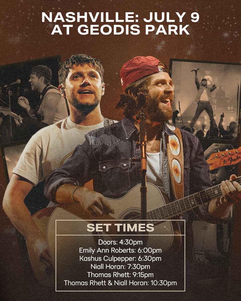 LiveNation's tweet photo. NASHVILLE! @ThomasRhett and @NiallOfficial are ready to hit Geodis Park and we've got your set times! What songs do you want to hear most? https://t.co/vemPxElOWY