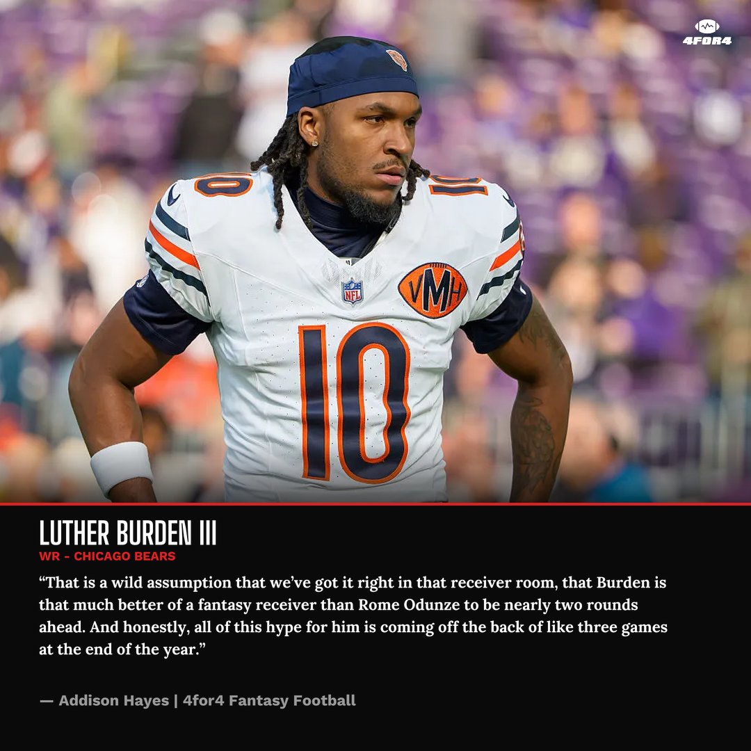 AddisonHayes_'s tweet photo. I'm all for Luther Burden in dynasty, but that hype has carried over to redraft leagues already and his ADP is too high for me to draft him. He's going almost two rounds ahead of Rome Odunze based on a small 3-4 game sample when Rome was inactive. Are we really THAT confident Burden is the Bears WR1?

*the real answer is Colston Loveland btw, but I'll gladly take Rome later*