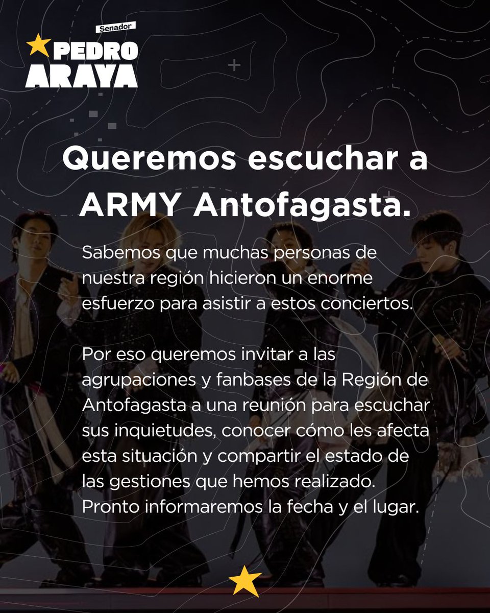 ArayaPedro's tweet photo. Hace algunos días oficiamos al Ministerio del Deporte para exigir respuestas sobre la situación del Estadio Nacional y los conciertos de BTS. Como hasta ahora no hemos recibido una respuesta, decidimos dar un paso más e ingresar una solicitud por Ley de Transparencia para conocer los antecedentes de las reuniones, informes técnicos y gestiones realizadas entre el Ministerio, el Instituto Nacional de Deportes y la productora DG Medios.