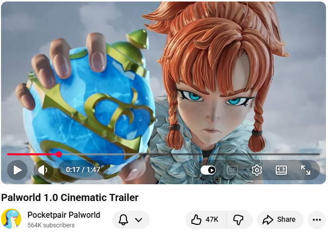 ShuaniMator's tweet photo. GameRant is subtley smearing Pocketpair and Palworld by editing in a sixth finger on their thumbnail to imply use of AI in their cinematic trailer when the actual trailer very clearly has the appropriate number of fingers on the character. https://t.co/6Sho2iaSWB