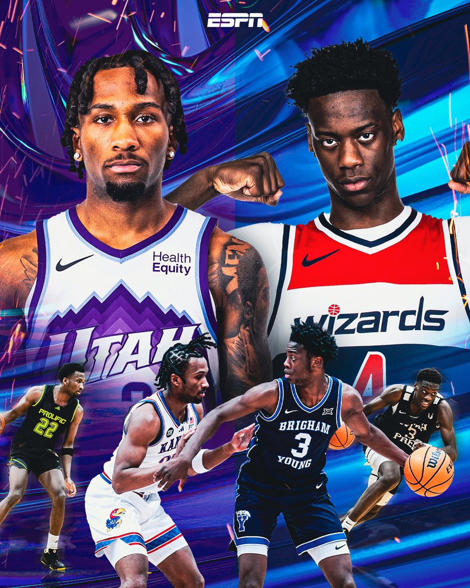 espn's tweet photo. No. 1 vs. No. 2 🍿

AJ Dybantsa and the Wizards face off against Darryn Peterson and the Jazz to kick off summer league in Vegas 🏀 https://t.co/elK1VGt7Ra