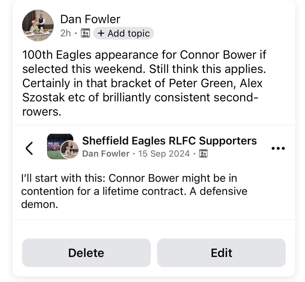 SheffEaglesNews's tweet photo. Post has gone AWOL on Eagles Supporters Page but had meant to post here too. 

Big achievement for Connor coming up. A fans favourite in every sense, great player and a great bloke. https://t.co/1wHji7lyiE