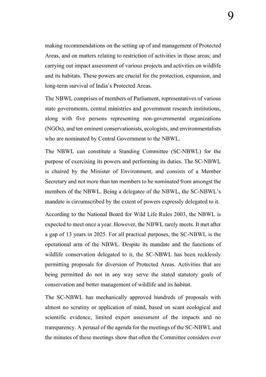 prernabindra's tweet photo. The petition argues that the SC, NBWL rather than b a watchdog & safeguard  India's #endangered #wildlife has become a clearing house for projects in 
#ProtectedAreas including #TigerReserves with an approval rate of over 97% of proposals it considered between 2014 & 2026. It has considered ~100 proposals in a single sitting several times, precluding any scope of due diligence meaningful scrutiny and application of mind. 2/5
