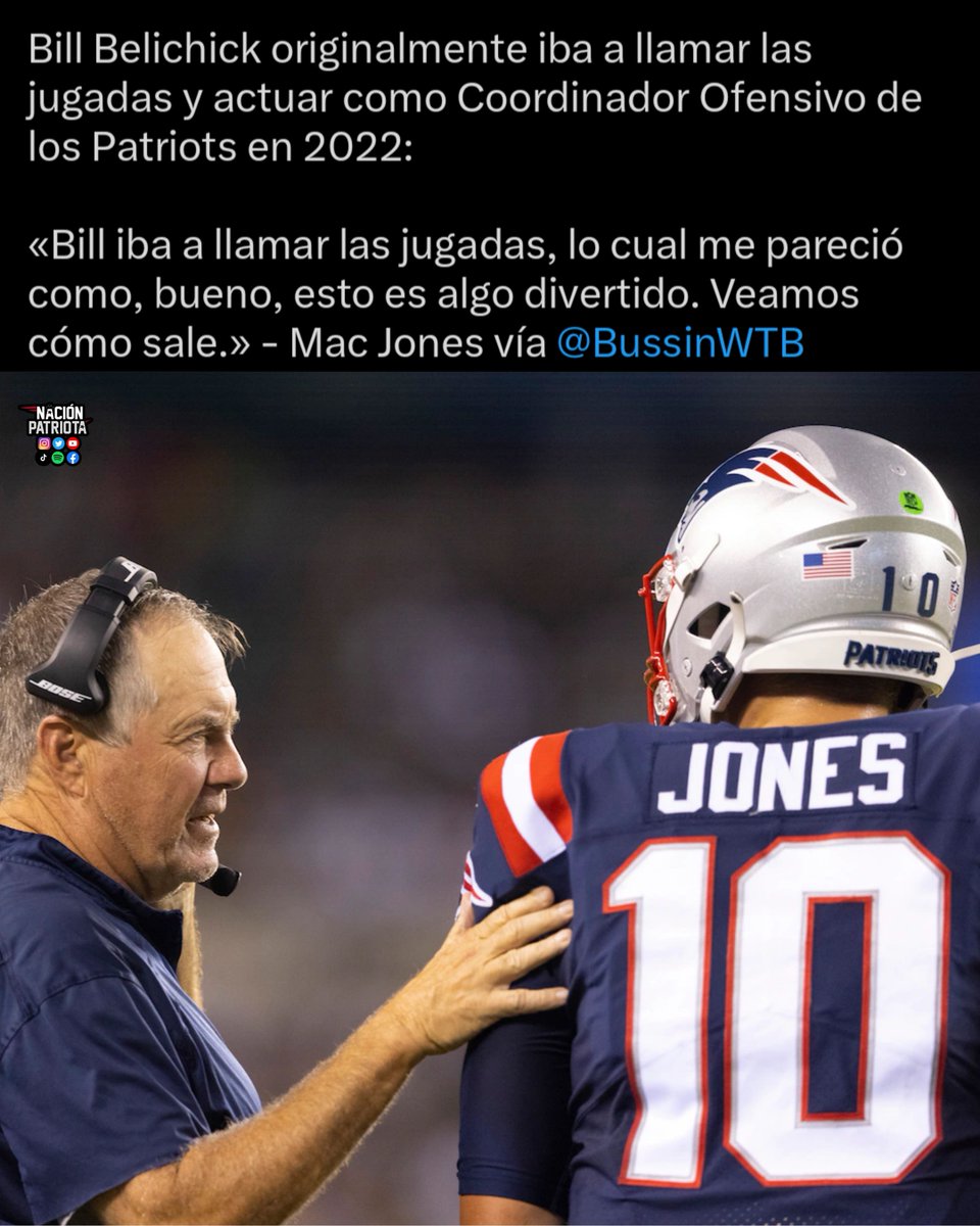 nacionpatriots's tweet photo. Mac Jones reveló que originalmente BILL BELICHICK iba a encargarse de ser el coordinador ofensivo tras la salida de Josh McDaniels en 2022.

Al final decidió darle ese cargo a Matt Patricia. ¿Hubiera sido mejor Bill? https://t.co/BImJAhtYo3
