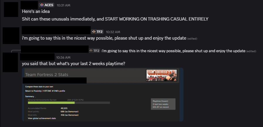 Zesty_Jesus's tweet photo. Yeah fuck it- looking at the general responses to the summer update (on Twitter), it once again confirms for me that most people in the TF2 sphere don't actually play the game. No one is talking about the matchmaking system breaking, AGAIN. Want to play on the new maps? Sorry! No one is talking about the maps breaking/the insane frame drops on one of the new maps. No one is talking about the new hard game crashes, amongst other broken shit. But don't worry guys, Sniper is a cowboy now! Cough up $2.50 a crate to roleplay as everyone's favorite meme, Big Iron!

How is this acceptable from a multi-billion dollar company? Why are we not holding Valve to a higher standard? This is pathetic. Of course you'll see the usual non-argument: "The game is old, move on, just stop playing it!" As if though that would be an acceptable solution for ANY other game offered as live, playable, and monetized for tens of millions each year. And my personal favorite : "JUST SHUT UP AND ENJOY THE UPDATE!" I wish I was kidding.

What the fuck is wrong with us? Is ignorance and cognitive dissonance all that's left? This has to stop, because unless we do something, it's only going get worse.