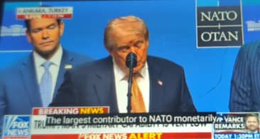 fengai_david's tweet photo. Trump declares U.S. dominance at NATO working session. "We are the largest contributor and strongest military. They respect us now." Touts record $1 trillion in defense, wants $1.5T. Pressures allies on 5% spending goal. "They were at 1%. I got them to 5%." https://t.co/bNKls1zCMR