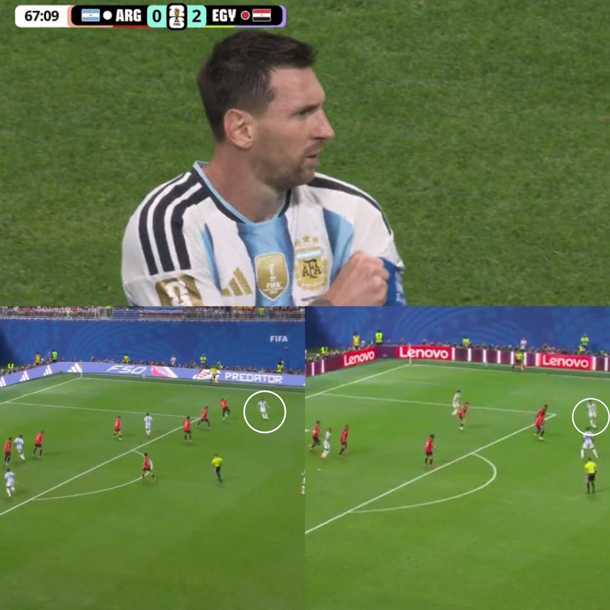 Juezcentral's tweet photo. Es espectacular lo que ocurrió tácticamente ayer con Messi. Tras el 2-0 de Egipto, Lionel decidió él mismo tirarse por la banda derecha, como en sus inicios en el Barca. Lo explicó en entrevista con el gran Manu Gutierrez : 

"Me fui a la derecha porque estaba difícil en el medio. Ellos acumulaban gente. Habían puesto un medio más y estaba difícil encontrar los espacios entre líneas. Cuando entró Lautaro, al tener dos 9 ya había demasiada gente por el medio e intenté buscar los espacios por el costado".

Las imágenes de abajo parecen la misma, pero no. Son los 2 goles iniciales de Argentina, ambos con origen en Messi por la derecha. Lionel manejó el partido desde allí y descolocó completamente a Egipto. Genio total leyendo el juego. 

Y aplausos para Scaloni, que deja hacer al '10' lo que le parezca. 

A los cracks hay que dejarlos ser, que sean libres, dinámicos y no estáticos.