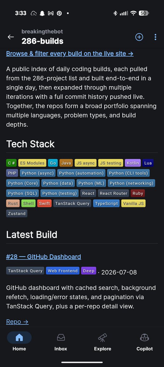 BreakingtheBot's tweet photo. Update:  

286 Build challenge

Current build: Project 28 - GitHub Dashboard - Tanstack Query

#aideveloper #ai #tanstack #buildinpublic https://t.co/c0lwWU8GmN