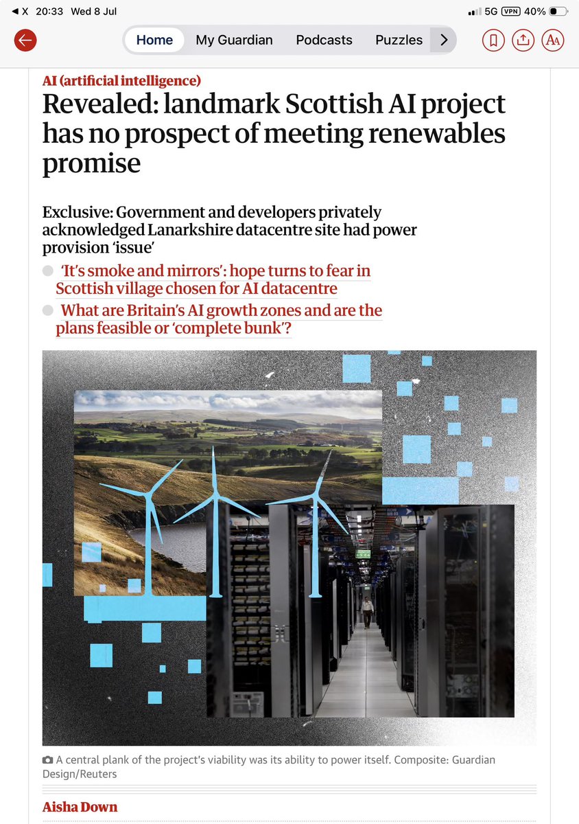 JillBelch's tweet photo. Govt promised £8.2bn AI #datacentre in Lanarkshire – built by US firm CoreWeave/Scottish DataVita – would be powered entirely from on-site renewables.
But documents obtained through freedom of information requests &amp; public records show it has no prospect of meeting that goal. https://t.co/dnWlc2So80