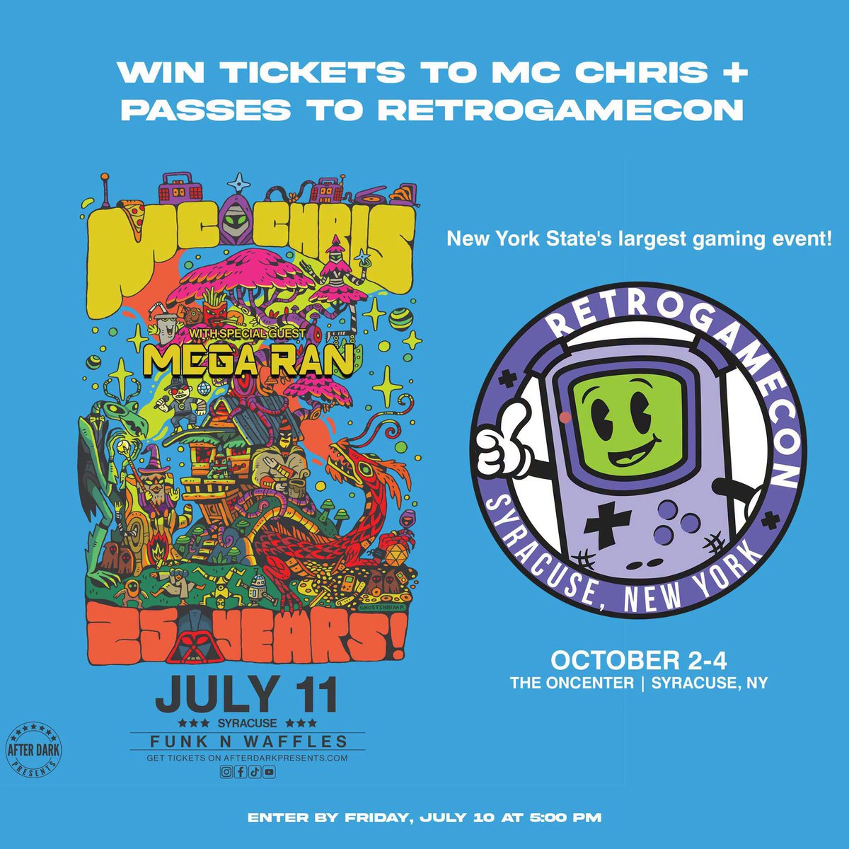 RetroGameCon's tweet photo. 🎉 GIVEAWAY TIME! 🎉

We're teaming up with our friends at After Dark Presents to give away an awesome prize bundle:

🎟️ 2 tickets to this Saturday's MC Chris &amp; Mega Ran show
🎮 2 RetroGameCon 3-Day Passes for this October!

Enter here: https://t.co/cA9S2WeoQE https://t.co/Ra4AvetN8d