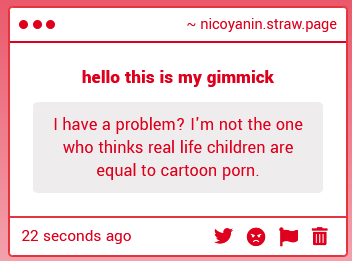 nicoyanin's tweet photo. anon you do have a problem. i say this as someone concerned now, you see childlike figures in a sexual way. i am not "comparing children to cartoon porn" im saying that if you see characters meant to resemble children and find them attractive you need psychiatric help https://t.co/sTxJDNwd1p