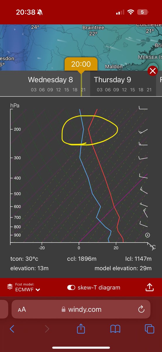 JakeBrind1's tweet photo. @chatswithem Commercial flights cruise at around 36,000ft or 250hpa roughly. Today, for most of England, the relative humidity and that cruising height was quite low. Learn a skew-T and you’ll be able to predict trails days in advance ✌🏻 https://t.co/b4TwwlyLuB