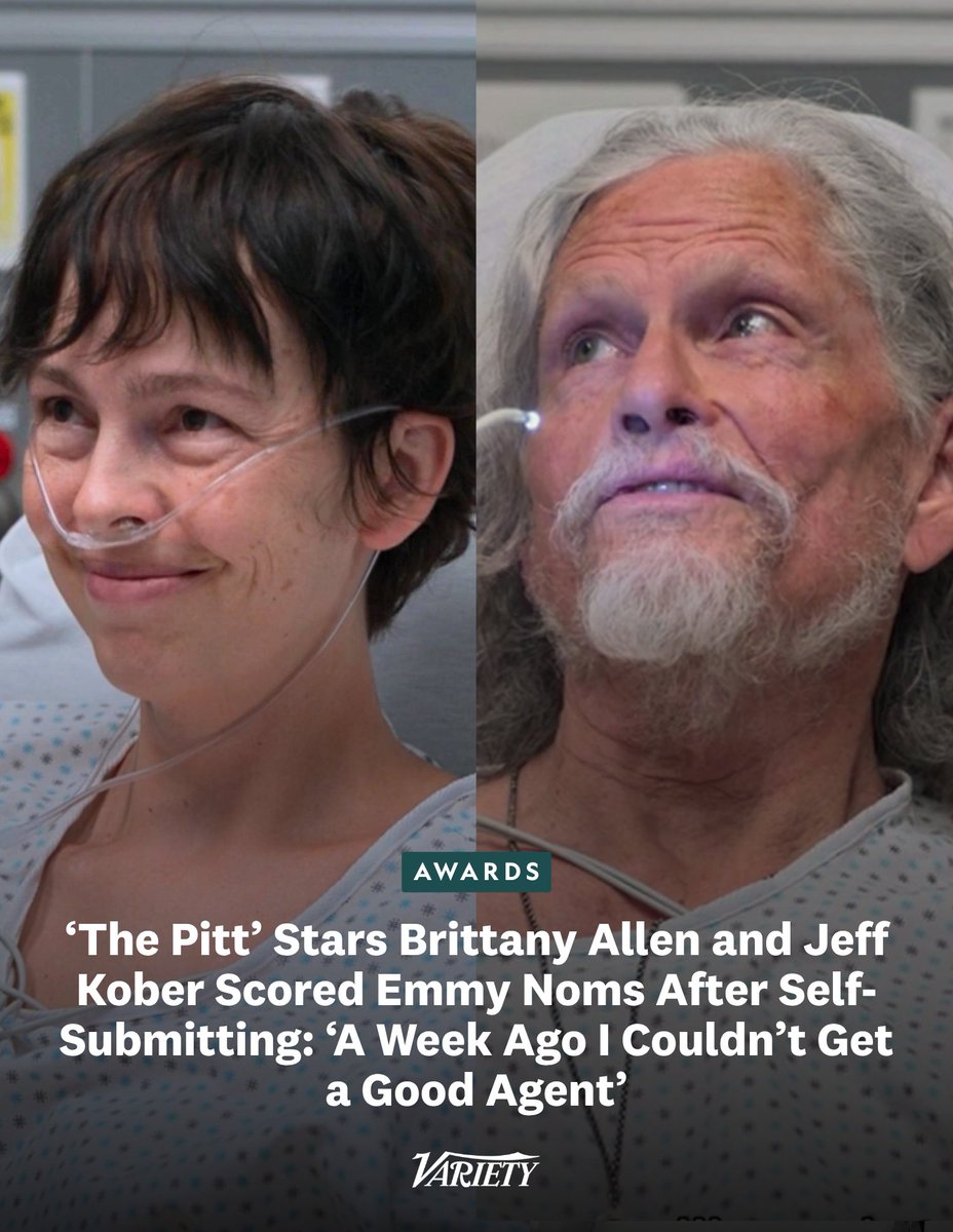 Variety's tweet photo. #ThePitt guest actors Brittany Allen and Jeff Kober landed Emmy nominations by self-submitting after HBO Max did not include them as part of the streamer's official submissions. 

“A week ago I couldn’t get a good agent if my life depended on it, and in the last hour I think that’s already starting to change,” Allen tells @ByClaytonDavis. "These nominations and accolades from the industry have credit. It’s not always easy for somebody to stand behind an artist based purely on their own belief in  them... “I tend to do well when I’m in an underdog position, and this business  gives you plenty of opportunities to be put in that position."

https://t.co/P3uv9t2RyU