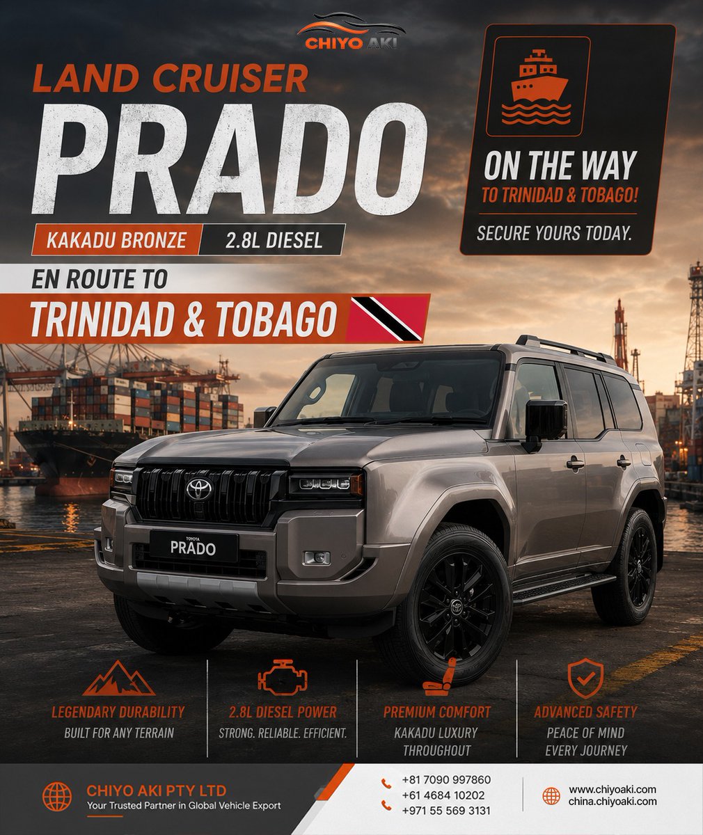 chiyoakihub's tweet photo. EN ROUTE TO TRINIDAD & TOBAGO.
2026 TOYOTA LAND CRUISER PRADO KAKADU | 2.8L TURBO DIESEL
#ChiyoAki #ChiyoAkiPtyLtd #LandCruiserPrado #PradoKakadu #ToyotaPrado #TurboDiesel #EnRoute #TrinidadAndTobago #CarExport #RightHandDrive https://t.co/pGeeWCAvTc