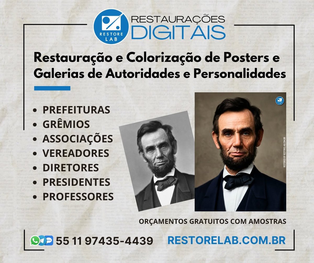 restorelab's tweet photo. RESTAURAÇÃO E COLORIZAÇÃO DE POSTERS E GALERIAS DE AUTORIDADES E PERSONALIDADES.

Orçamentos Gratuítos
Whatsapp: (11) 97435-4439

ou solicite pelo site:
https://t.co/dlb4GpruAb https://t.co/z9masDP9Sy