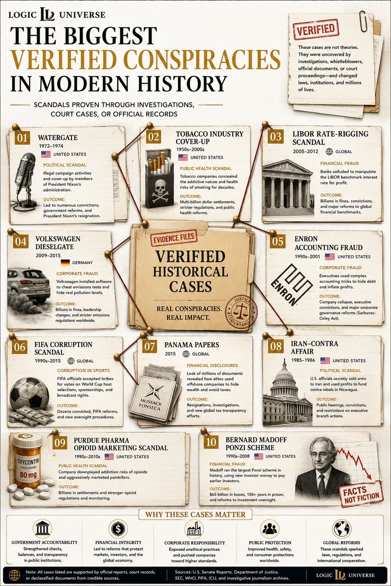 LogicUniv's tweet photo. Not every conspiracy is a theory. Some were proven in court, exposed by investigations, or confirmed through official documents.

10 of the most significant verified conspiracies in modern history:

🇺🇸 Watergate (1972–1974) 
🇺🇸 Tobacco Industry Cover-Up 
🌍 LIBOR Rate-Rigging Scandal 
🇩🇪 Volkswagen Dieselgate 
🇺🇸 Enron Accounting Fraud 
🌍 FIFA Corruption Scandal 
🌍 Panama Papers 
🇺🇸 Iran–Contra Affair 
🇺🇸 Purdue Pharma Opioid Marketing Scandal 
🇺🇸 Bernard Madoff Ponzi Scheme 

These cases reshaped politics, finance, public health, corporate governance, and global regulation, affecting millions of people and leading to criminal convictions, government reforms, or sweeping policy changes.

Every event listed has been documented through court proceedings, official investigations, declassified records, or widely accepted historical evidence not speculation.