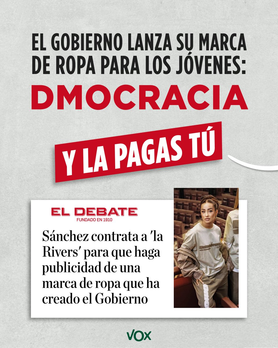 vox_es's tweet photo. Tú no llegas al alquiler
Tú no puedes independizarte

Pero ellos gastan 12 millones de euros en “Dmocracia”, su marca de ropa. https://t.co/FueYGjdXcM