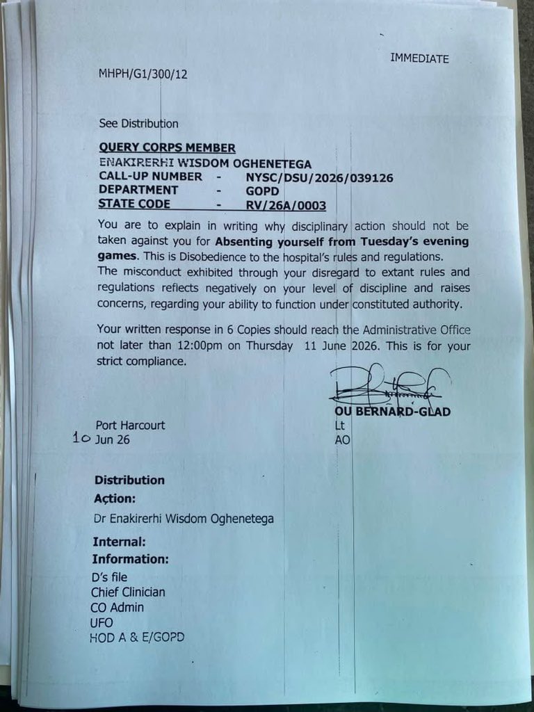 Medzonetv's tweet photo. "Explain why disciplinary action should not be taken against you for absenting yourself from Tuesday's evening games."

While people online are busy blaming a dead 25-year-old doctor for "not taking his health seriously" or claiming he didn't follow due process, this is the actual reality Dr. Wisdom Oghenetega faced at the Military Hospital in Port Harcourt.

A formal query. Signed by a Lieutenant.

Tega was actively deteriorating and fighting for his life, but the administration was more concerned about his "ability to function under constituted authority." This is the toxic, militarized chokehold Tega was trapped in.

The narrative that he ignored his own health is absolute gaslighting. Tega did not neglect himself; he was actively blocked, questioned, and pressured by a rigid administrative system while trying to manage his illness.

This was the query he received. See his official response attached below. 👇