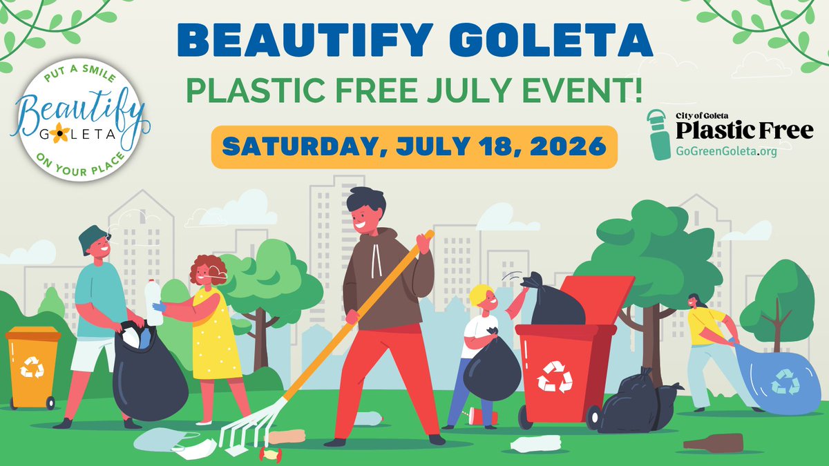 CityOfGoleta's tweet photo. 📣Join #cityofgoleta for our #BeautifyGoleta Plastic Free July Event on Saturday, July 18th! Come to the Goleta Community Center at 5679 Hollister Avenue for a free bulky item drop-off (9am-1pm) and a community litter cleanup 🗑️ (9am-12pm) both designed to support a cleaner, more sustainable Goleta 💧🌿♻️ 💚 More info: https://t.co/0kboNMX1x9