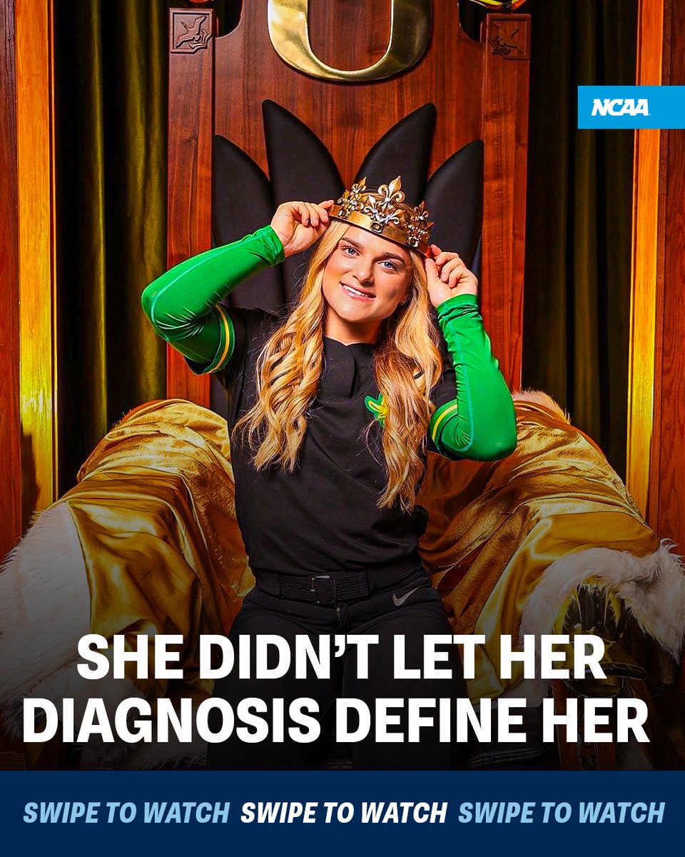 NCAA's tweet photo. Her diagnosis never defined her.

@OregonSB's @paige_sinicki went from being on top of the world, to having the weight of it on her shoulders. After a battle with cancer, she has returned to the field and is back to playing the sport she loves. 🥎

@NCAASoftball x 🎥 Paige Sinicki