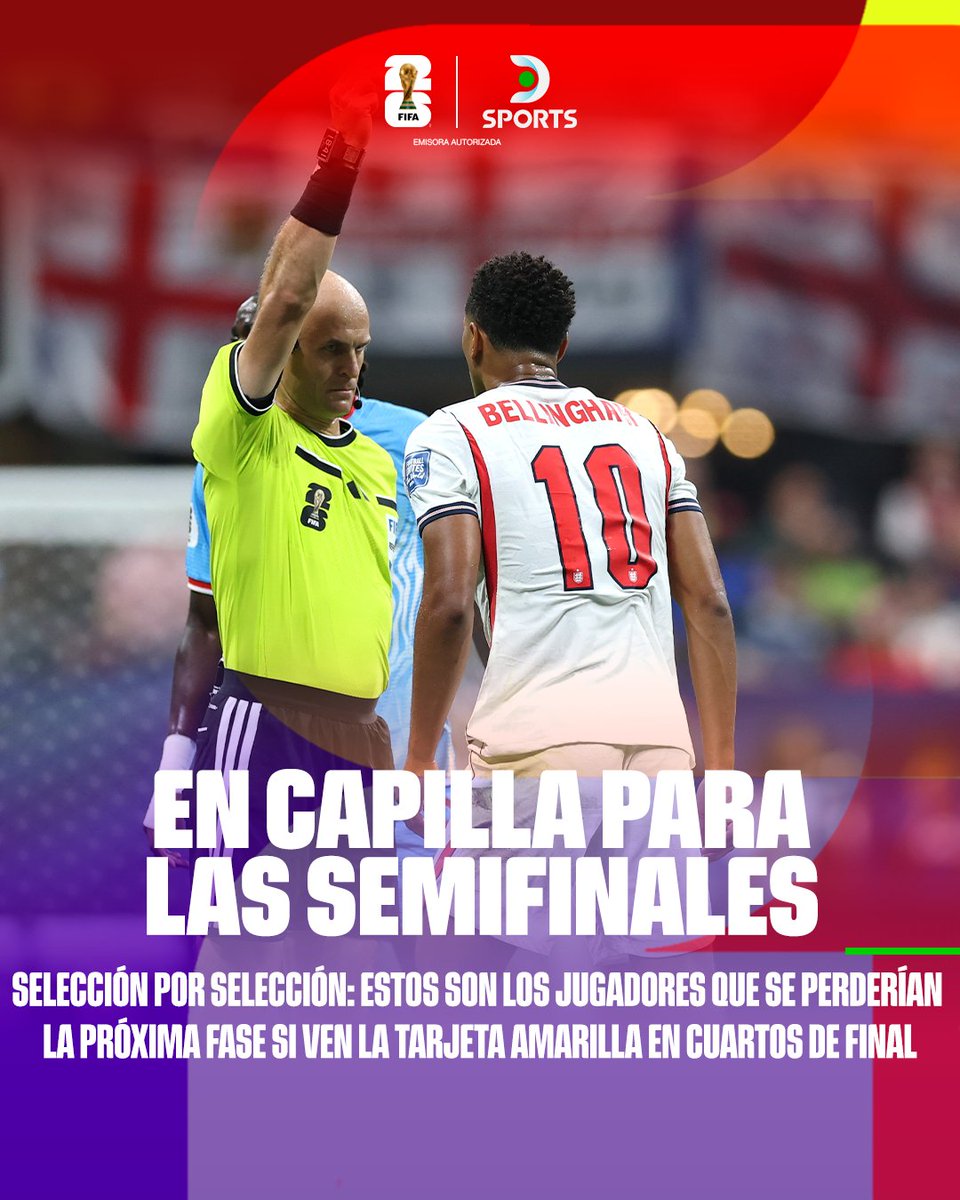 DSports's tweet photo. ¡ATENCIÓN! ESTOS SON LOS FUTBOLISTAS QUE PODRÍAN PERDERSE LAS SEMIFINALES SI RECIBEN OTRA AMARILLA ❕

Los siguientes jugadores de cada una de las selecciones que jugarán los cuartos de final están apercibidos.

#MundialEnDSPORTS #FIFAWorldCup https://t.co/2CZ52heQZp