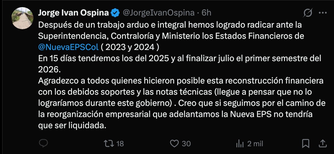 normahurtados's tweet photo. Hoy solicitamos al @Supersalud, @NuevaEPSCol y a la contralora de la entidad, Gladys Asprilla, copia y evaluación íntegra de los estados financieros de Nueva EPS.

Durante meses advertimos el deterioro de la EPS más grande del país. Ahora corresponde conocer la verdadera dimensión del daño financiero que deja la intervención y establecer las responsabilidades a que haya lugar. Los colombianos tienen derecho a conocer la verdad.