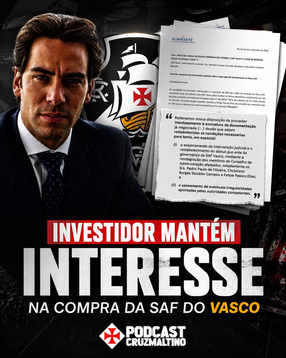 PodCruzmaltino's tweet photo. 🚨 DOCUMENTO REFORÇA QUE INVESTIDOR MANTÉM INTERESSE NA COMPRA DA SAF DO VASCO 💢

O CRVG e a Vasco SAF protocolaram uma nova petição na 4ª Vara Empresarial anexando uma carta do investidor Marcos Faria Lamacchia, por meio da Almirante Participações e Empreendimentos S.A., como reforço ao pedido de reconsideração da decisão que determinou a intervenção judicial na SAF.

Segundo a petição, a negociação para aquisição de 90% da Nova SAF está em estágio avançado e os contratos já haviam sido negociados em seus aspectos comerciais, jurídicos, financeiros, regulatórios e operacionais. Restaria apenas a assinatura dos instrumentos definitivos.

Na carta, o investidor afirma que as negociações foram conduzidas ao longo de mais de dois anos e que sua intenção sempre foi participar do processo previsto no Plano de Recuperação Judicial, atuando como “stalking horse bidder”, estabelecendo um piso econômico para o processo competitivo de venda da UPI.

O documento destaca que a intervenção judicial interrompeu justamente a fase final da operação ao afastar os integrantes do Conselho de Administração que conduziam as negociações, criando um cenário de insegurança jurídica e instabilidade de governança incompatível com um investimento dessa magnitude.

Apesar disso, Lamacchia deixa claro que não desistiu da operação. Pelo contrário: reafirma seu compromisso com o investimento e diz estar disposto a assinar imediatamente os contratos já negociados.

Entretanto, estabelece duas condições para isso:

• o encerramento da intervenção judicial, com o restabelecimento da governança anterior da SAF e o retorno dos conselheiros afastados, incluindo Pedrinho;
• o saneamento de eventuais irregularidades apontadas pelas autoridades competentes.

Os advogados do Vasco sustentam que não estão tentando pressionar o Judiciário, mas apenas demonstrar um fato novo e relevante: existe um investidor real, com capacidade financeira e disposição para concluir uma operação prevista no próprio Plano de Recuperação Judicial.

Com base nisso, pedem que a Justiça reconsidere a decisão ou leve esse novo elemento em consideração na análise dos agravos já interpostos.

Na avaliação do clube, a conclusão da venda permitiria a entrada de recursos para cumprir o Plano de Recuperação Judicial, fortalecer o futebol ainda durante a janela de transferências e garantir maior segurança para o pagamento dos credores.

Vale destacar um ponto importante: a carta reforça a existência da negociação e os impactos econômicos da intervenção, mas não vincula o Poder Judiciário. Caberá ao Tribunal avaliar se esses novos elementos justificam ou não a revisão da decisão que determinou a intervenção na SAF.

Siga o Podcast Cruzmaltino para mais informações. 💢
