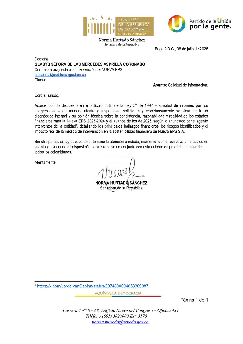 normahurtados's tweet photo. Hoy solicitamos al @Supersalud, @NuevaEPSCol y a la contralora de la entidad, Gladys Asprilla, copia y evaluación íntegra de los estados financieros de Nueva EPS.

Durante meses advertimos el deterioro de la EPS más grande del país. Ahora corresponde conocer la verdadera dimensión del daño financiero que deja la intervención y establecer las responsabilidades a que haya lugar. Los colombianos tienen derecho a conocer la verdad.