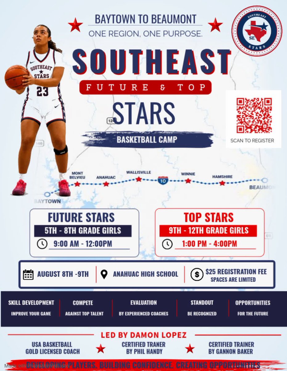 Coach13Murray's tweet photo. 🔥 SOUTHEAST STARS BASKETBALL CAMP IS HERE! 🔥
“Everybody has the will to win. It is the will to prepare to win that makes the difference.” – Coach Bobby Knight
This is your moment to prepare at the level your game deserves.
The Southeast Stars are bringing elite skill development and real competition to Anahuac High School on August 8 and 9.
Future Stars for grades 5 through 8 from 9am to 12pm. Top Stars for grades 9 through 12 from 1pm to 4pm.
Work on your game. Compete against top talent. Get evaluated by experienced coaches. Stand out. Get recognized. Open doors for your future.
This camp is part of something bigger. We are also running a league for elementary players and club teams for middle school and high school ages, creating a complete year round development pathway right here in our region.
Led by Damon Lopez with a staff that includes USA Basketball Gold Licensed coaches and trainers certified by Phil Handy and Gannon Baker.
Only $25. Spaces are limited.
The updated flyer with the new QR code is ready. Scan it now and lock in your spot for the camp. Message us for details on the league and club teams.
From Baytown through Mont Belvieu, Anahuac, Wallisville, Winnie, Hamshire, and all the way to Beaumont and every community in between, this is for every player and family in our region.
One region. One purpose.
Do not wish for it. Do not wait for it. Make it happen.
Register today for the camp. Inquire about our league and club teams. Build your confidence. Create your opportunities.
#SoutheastStars #OneRegionOnePurpose #GirlsBasketball #YouthBasketball #BasketballCamp #TexasBasketball #SoutheastTexas #BaytownTX #BeaumontTX #AnahuacTX #HoustonBasketball #BasketballDevelopment #SkillDevelopment #GirlsHoops #HoopDreams #PlayerDevelopment #DevelopYourGame @LdYPanthersM @StarTraining3 @AmetuerSportsSL @CTruthburner @coach_d_lopez