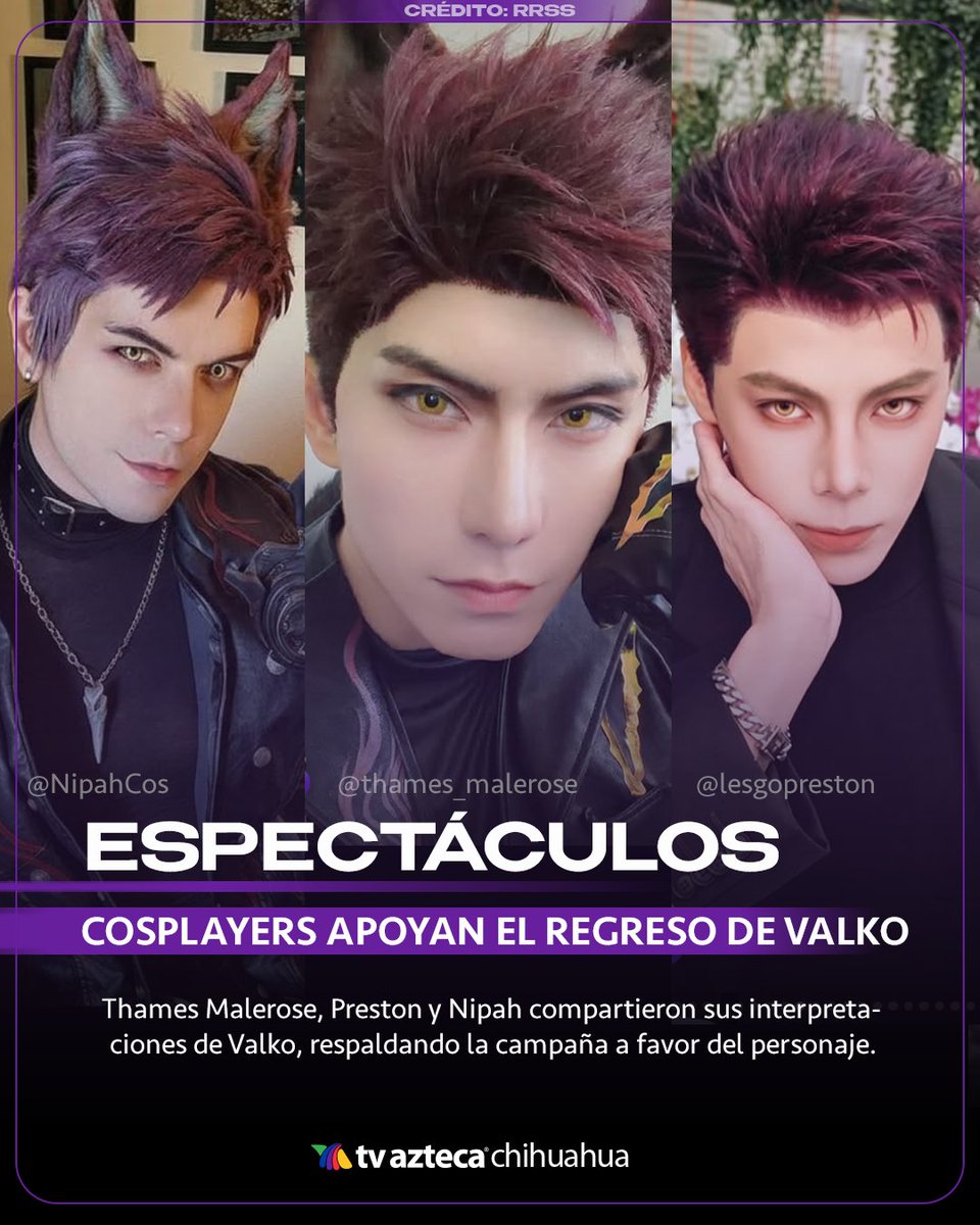 AztecaChihuahua's tweet photo. Prominentes figuras dentro del cosplay, como Nipah, Thames Malerose y Preston han contribuido a mantener vigente la conversación sobre Valko con sus cosplays del personaje 🐺
.
#ThamesMalerose #lesgopreston #Nipah #LoveAndDeepspace #Valko #JusticeForValko #BringValkoBack #SaveValko #BringBackValko #LaDS #AztecaChihuahua